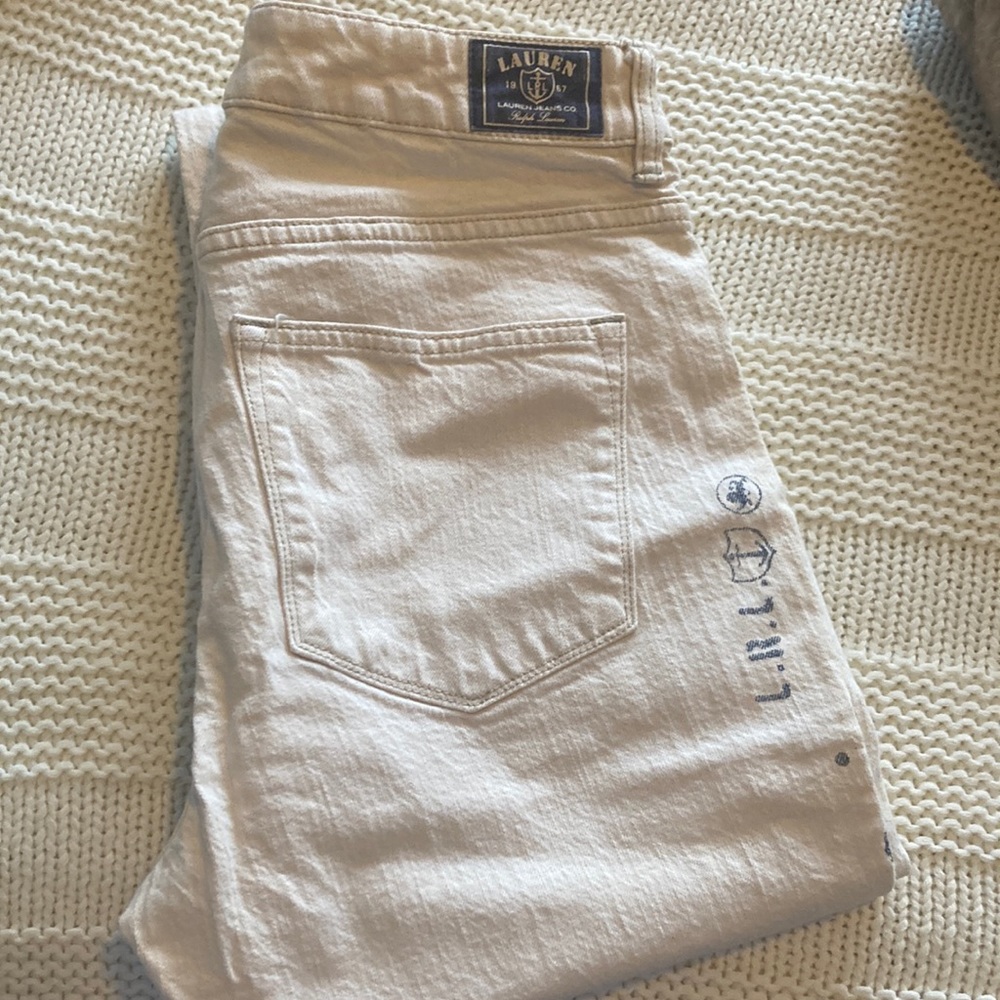 Ralph Lauren White Jeans Size 8 with embroidery on front and writing on back.